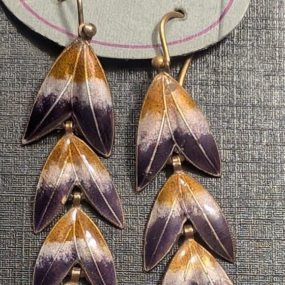Dangle Leaf Earrings purple Enamel Sterling Silver Vermeil Gold Plate Estate Vtg - Picture 4 of 7